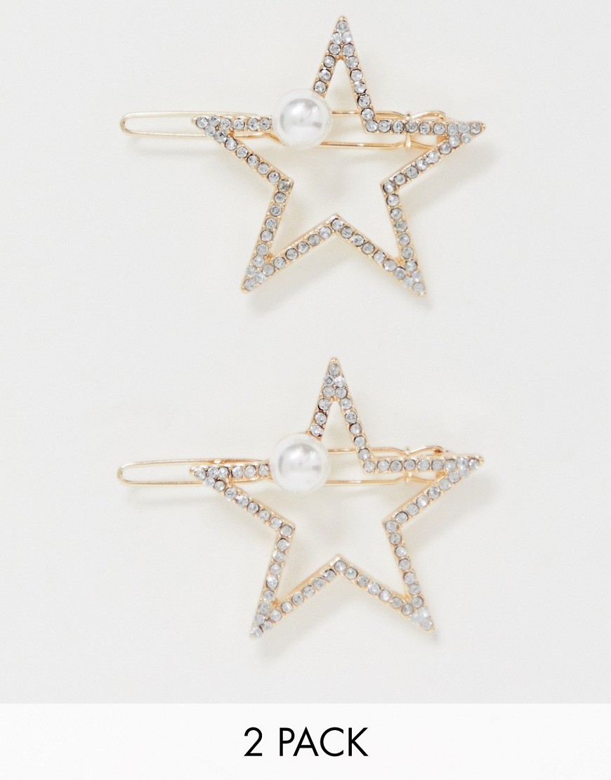 ASOS DESIGN pack of 2 hair clips in crystal star with pearl detail in gold tone