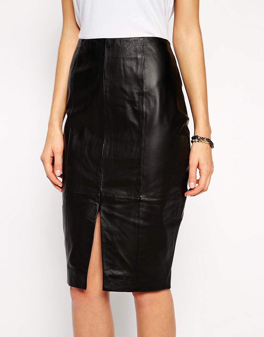 ASOS | ASOS Pencil Skirt In Leather With Split Front at ASOS