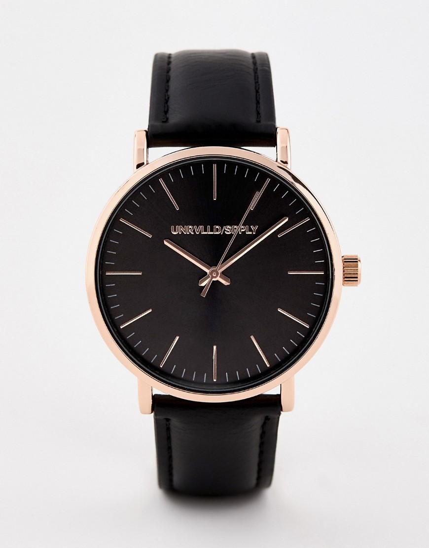 Asos Design Watch In Black With Rose Gold Case