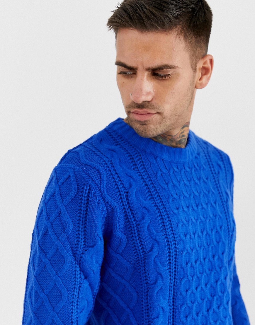 Bershka cable knit jumper in blue