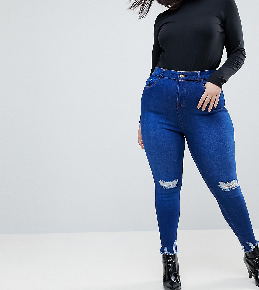 New Look Curve Bright Ripped Raw Hem Skinny Jeans - Blue
