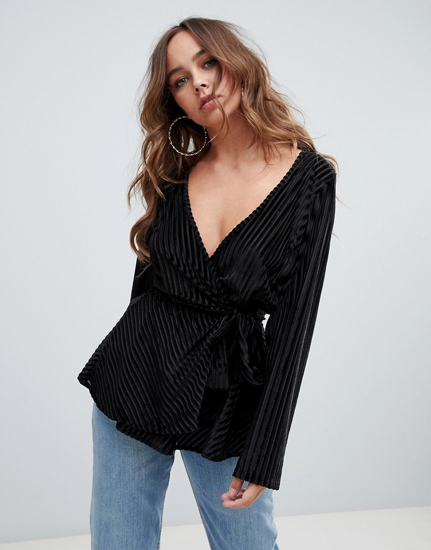 Missguided striped velour wrap top in black