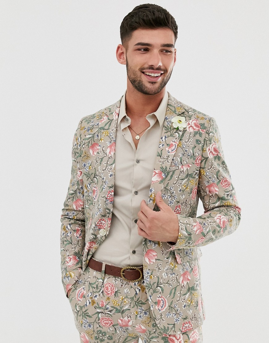 Gianni Feraud Wedding Skinny Fit Linen Blend Floral Suit Jacket