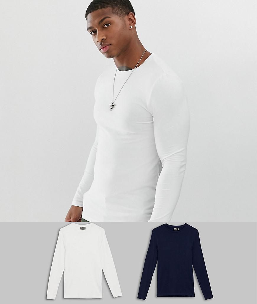 ASOS DESIGN 2 pack organic muscle fit long sleeve t-shirt with crew neck save