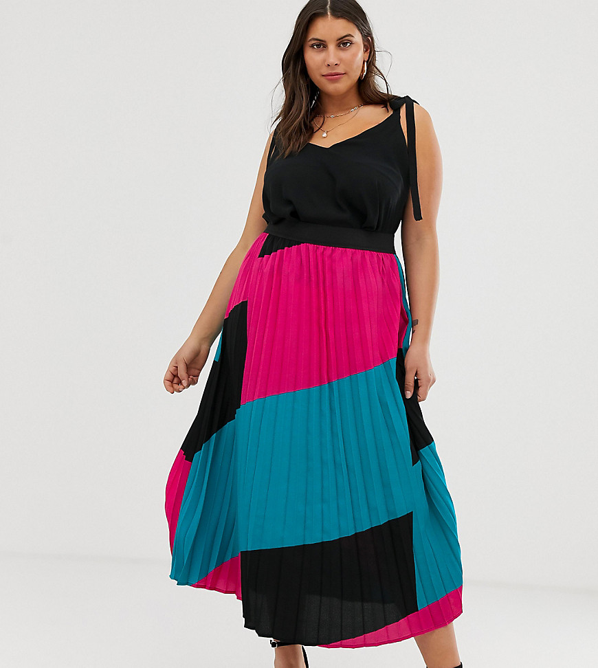 Simply Be pleated midi skirt in colour block pink and turquoise