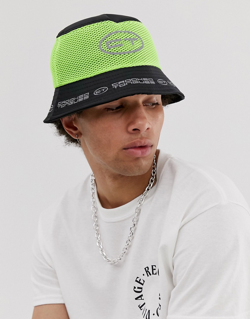 Crooked Tongues Rave unisex bucket hat in neon mesh