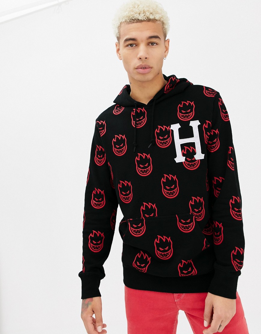 HUF x Spitfire All Over Logo Print Hoodie With Embridered Logo In Black