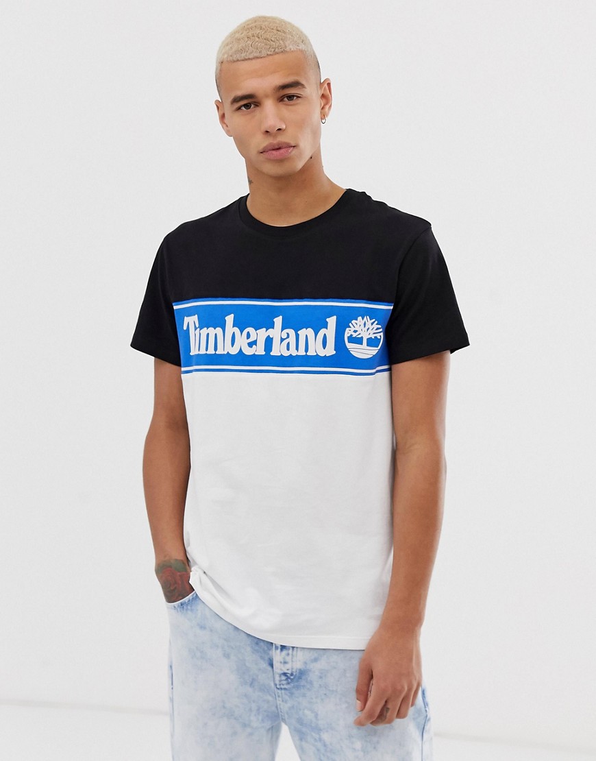 Timberland crew neck t-shirt with print in cut and sew black/blue/white