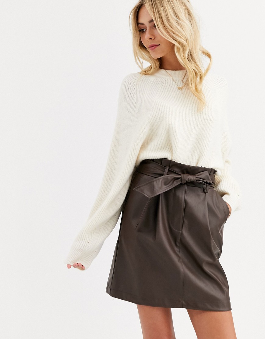 New Look paperbag faux leather mini skirt in dark brown