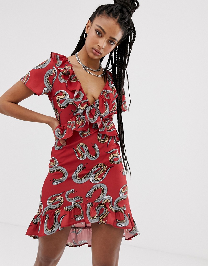 Sacred Hawk tea dress with frill detail in snake