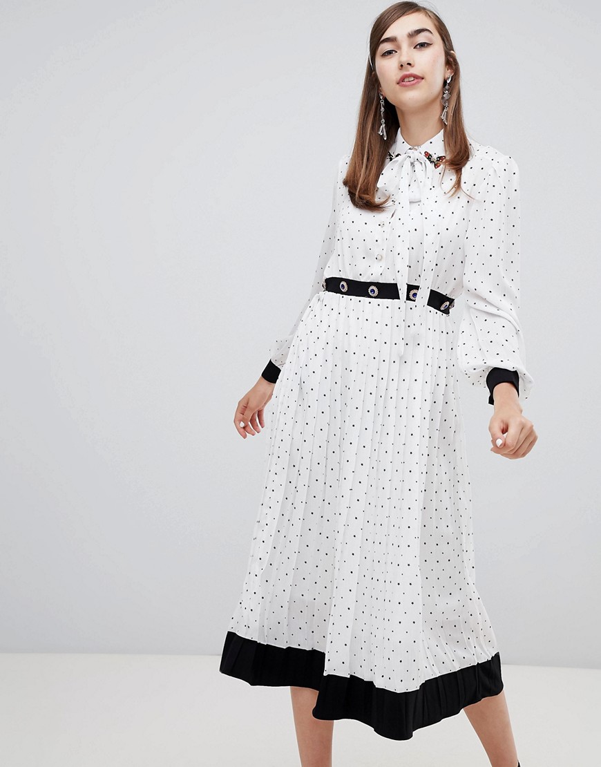 Sister Jane midi dress with pussybow and jewel embellishment in star polka dot - White