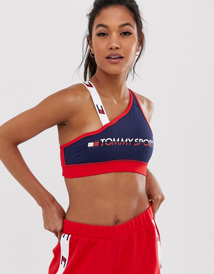 Tommy Hilfiger Sport logo medium support bra with tape strap in navy / red