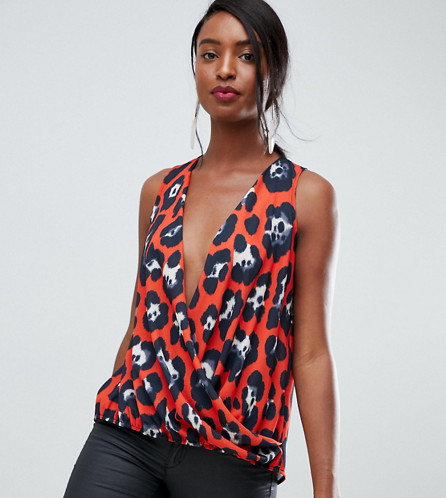 John Zack Tall wrap front sleeveless top in red leopard
