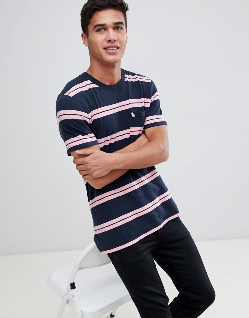 Abercrombie & Fitch bold rugby thin stripe icon logo t-shirt in navy/pink