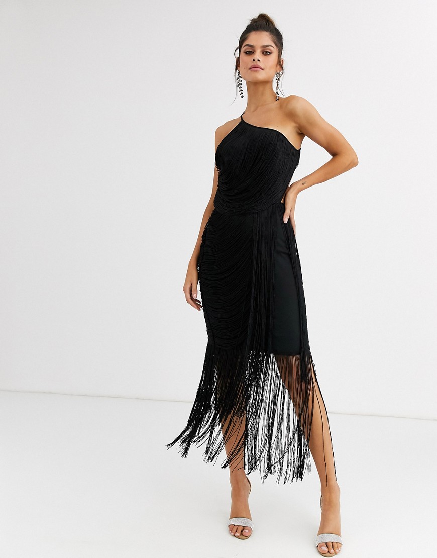 Asos Design All Over Drape Fringe One Shoulder Midaxi Dress-black