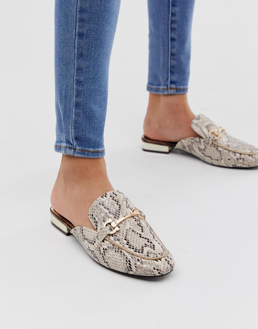 River Island backless loafers with gold detail in snake print