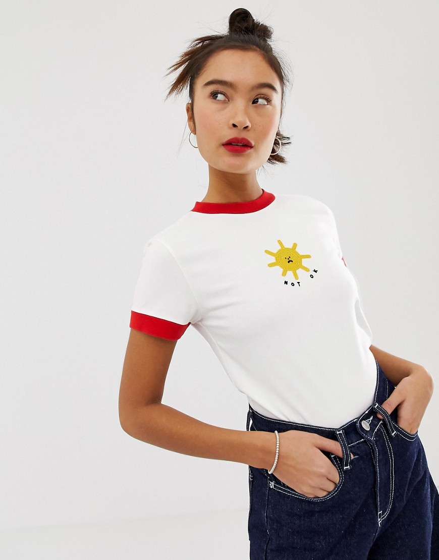 Lazy Oaf fitted ringer tee with not ok sun embroidery