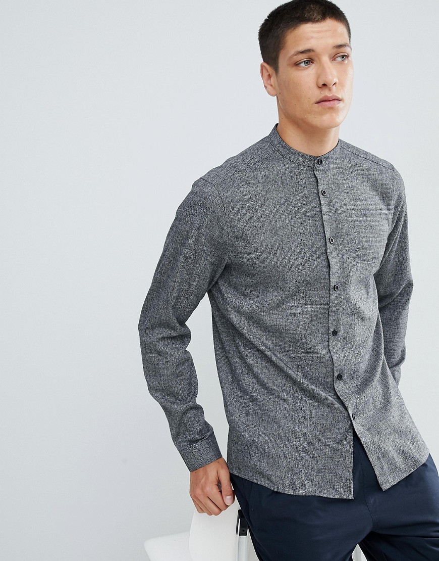 Asos Design Slim Twill Shirt With Grandad Collar In Grey