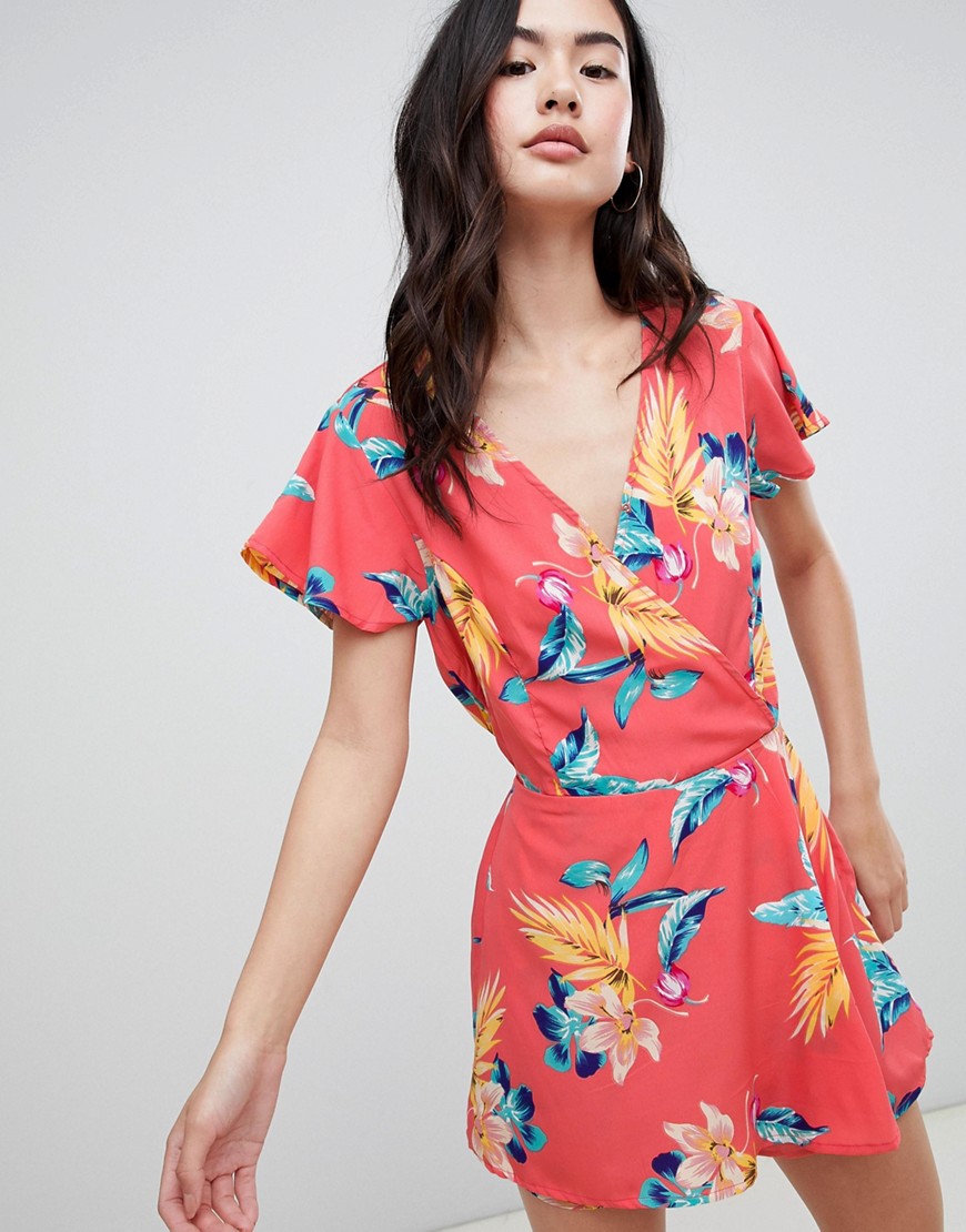 Brave Soul Wrap Front Playsuit in Hibiscus Print