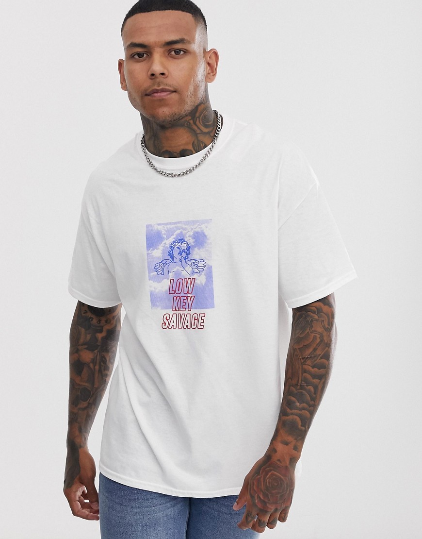 boohooMAN oversized t-shirt with savage print in white