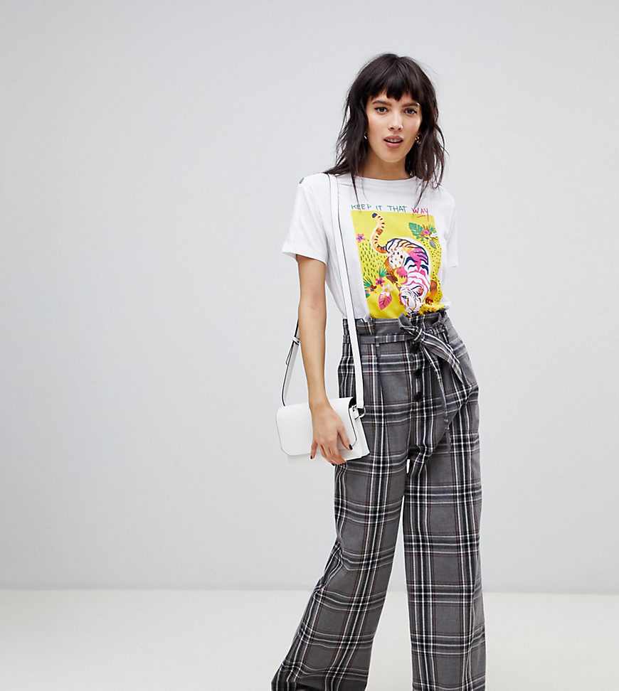 Stradivarius check wide trouser with tie waist detail