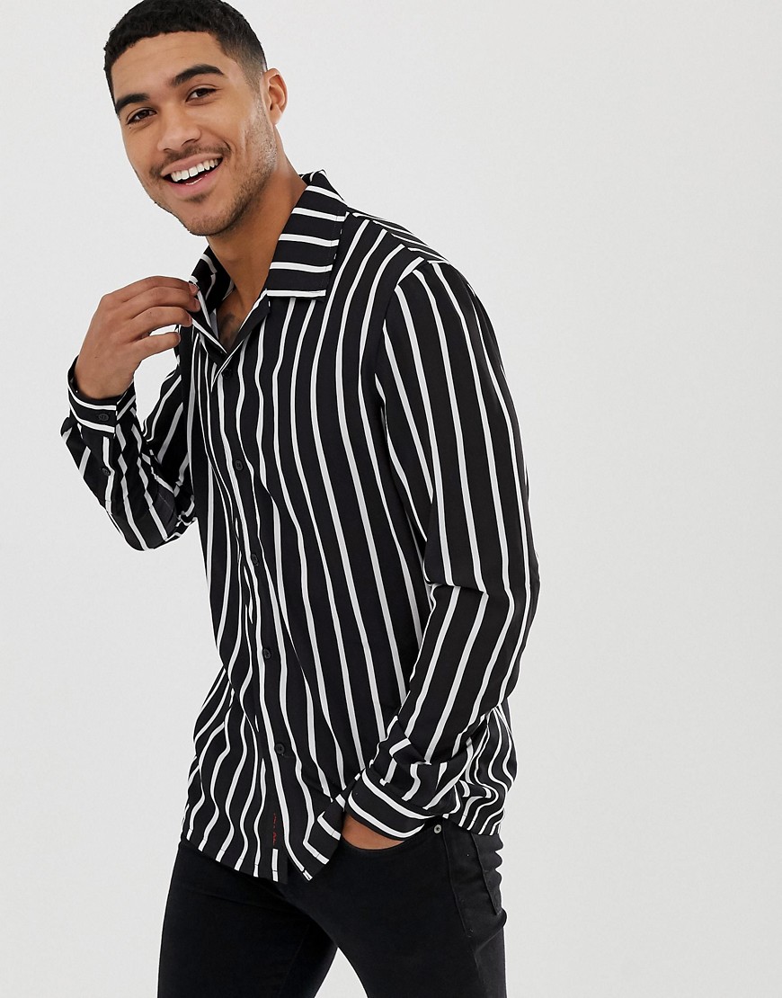 Liquor N Poker revere collar shirt with stripes in black