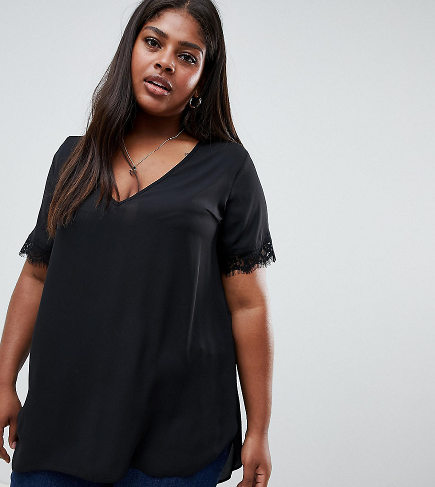 New Look Curve lace trim tee in black