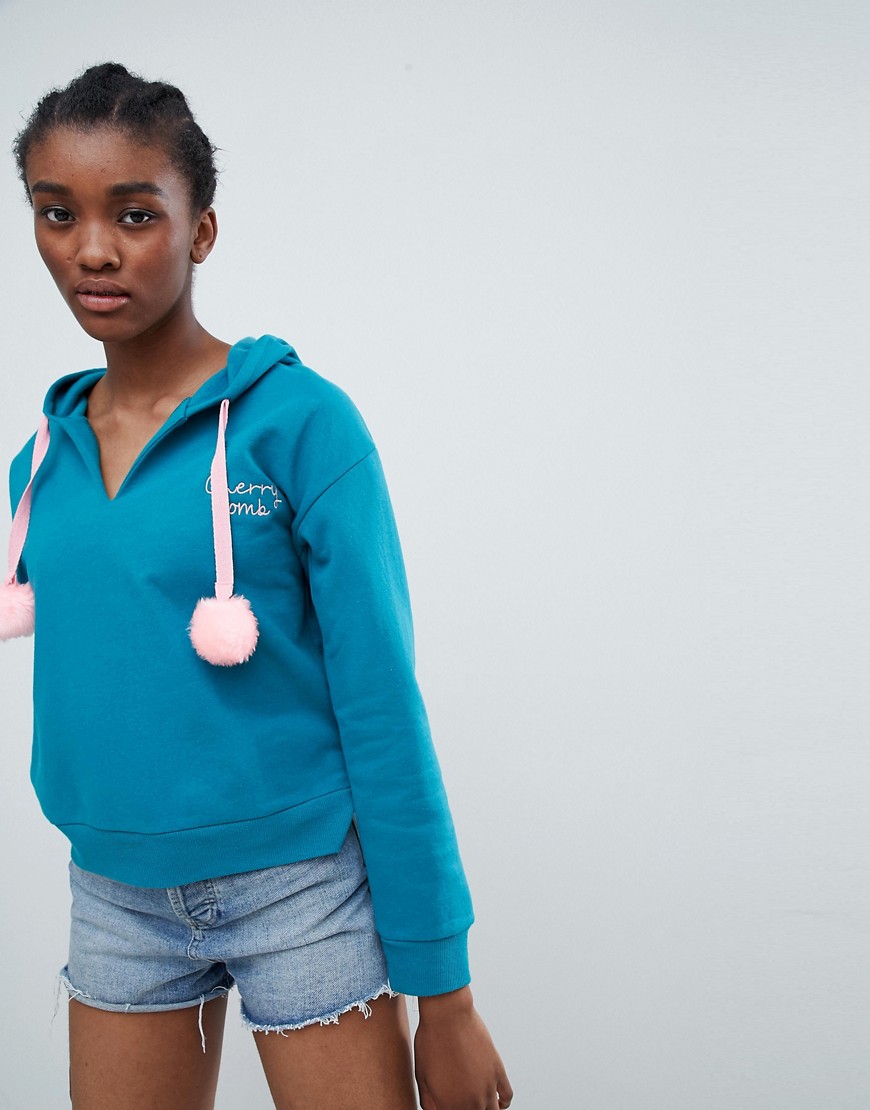 Sugar Dust Crooped Hoodie with Emboidery and Large Pom Poms
