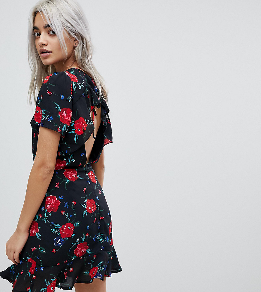 Fashion Union Petite Tea Dress With Cut Out Back In All Over Floral Print - Black multi