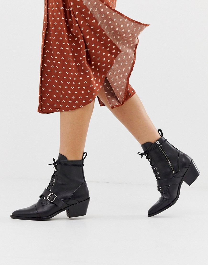 AllSaints Katy lace up heeled leather boots with buckle in black