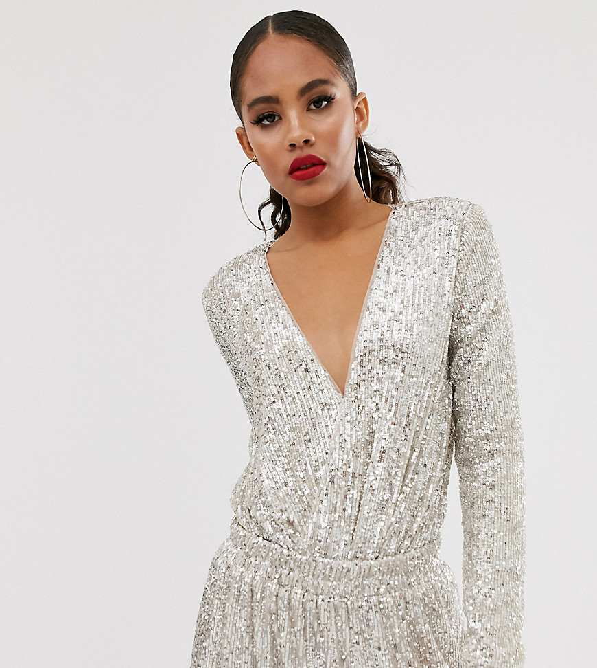 TFNC Tall wrap front bodysuit in silver sequin