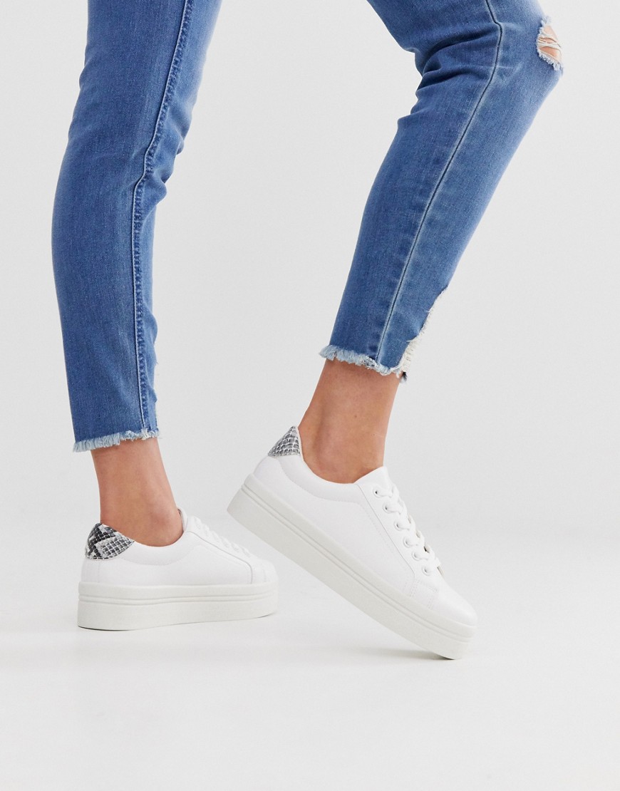 Park Lane flatform lace up trainer in white with snake tab