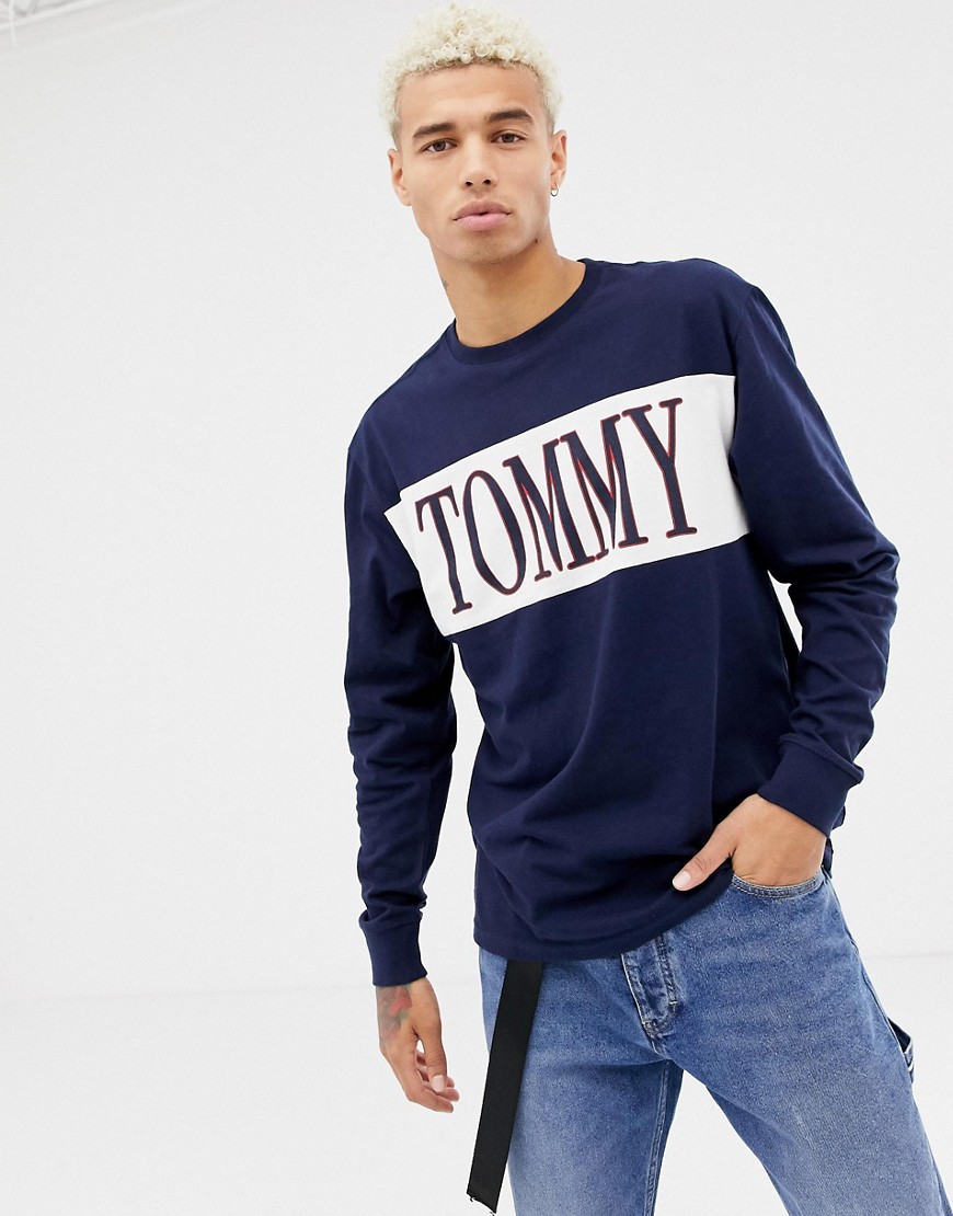 Tommy Jeans Retro chest & sleeve logo long sleeve top in navy