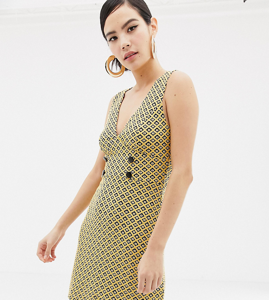 Miss Selfridge pinny dress with button detail in yellow jacquard