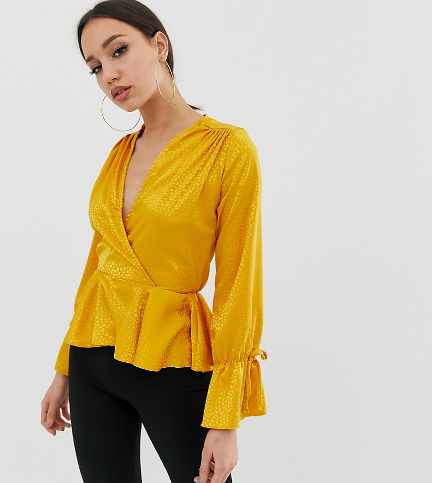 John Zack Tall wrap front top in textured mustard