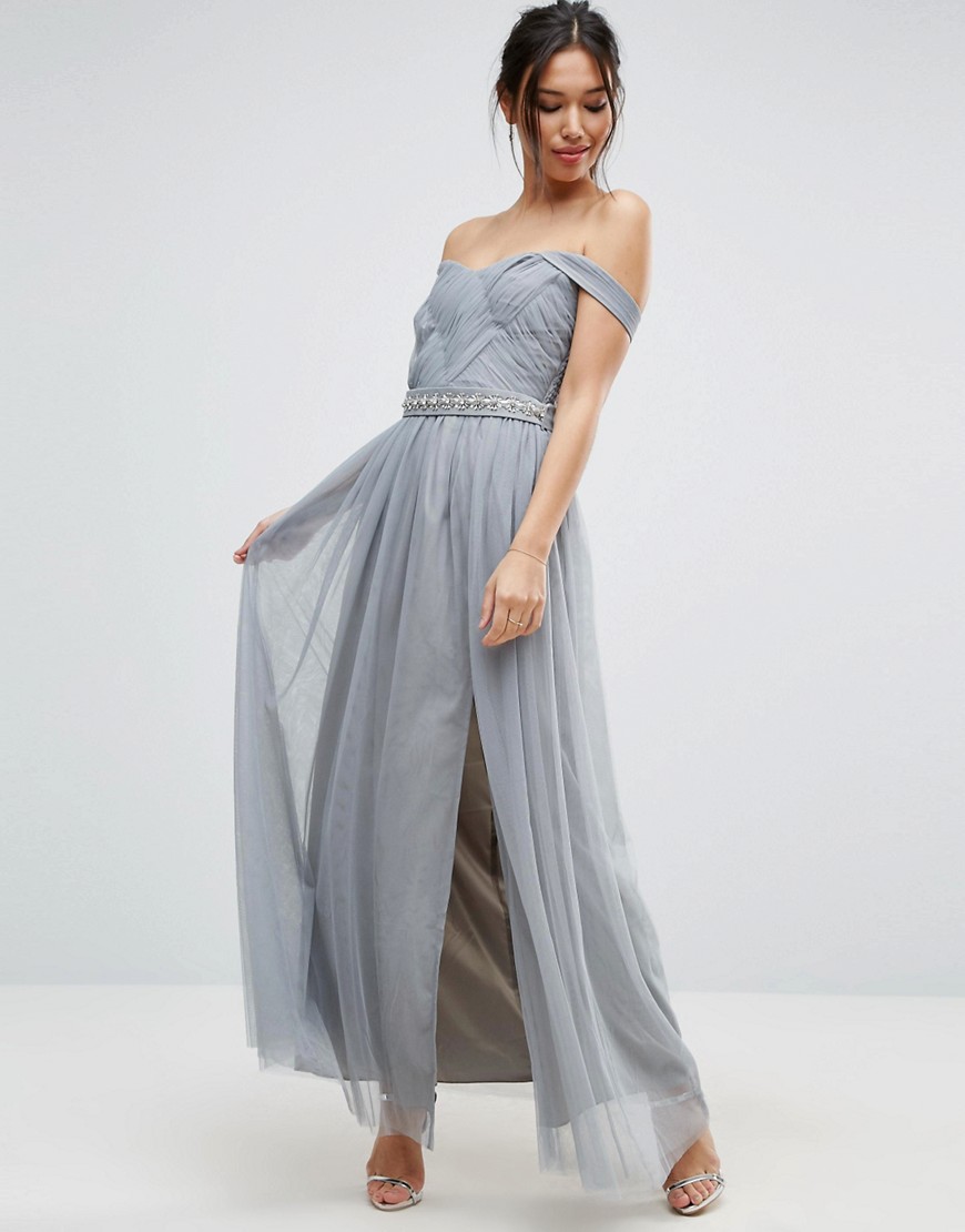 Little Mistress Pleated Maxi Dress With Bardot Sleeves And Embellished Waist - Grey