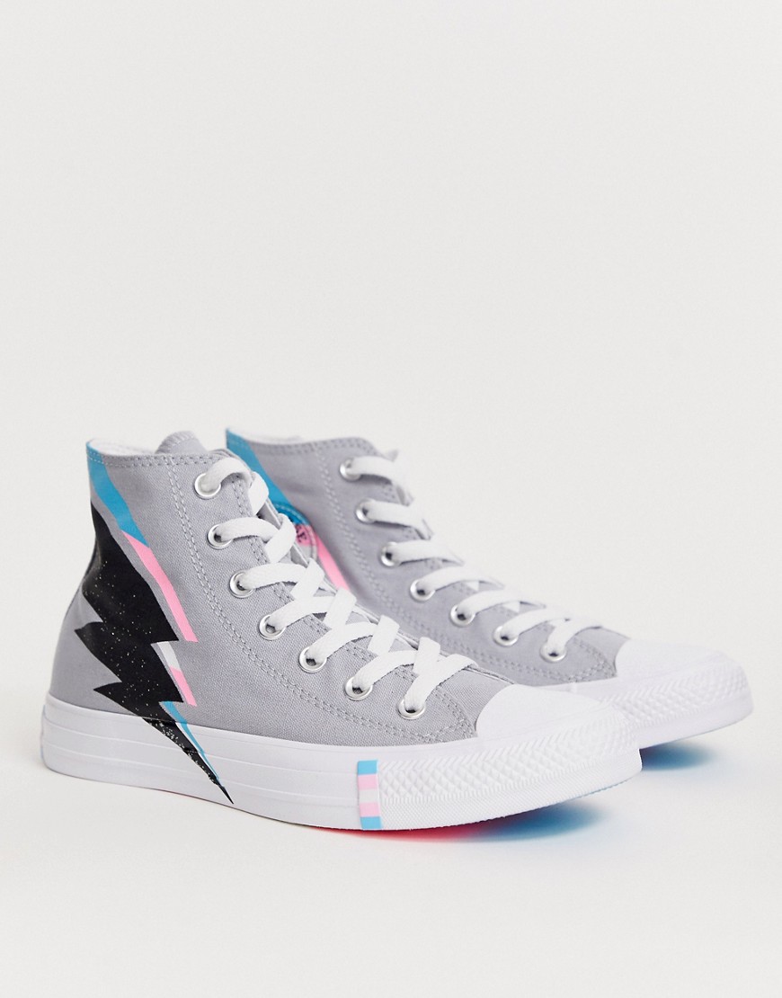 Converse Trans Pride Chuck Taylor Hi All Star Grey Blue And Pink Lightening Bolt Trainers