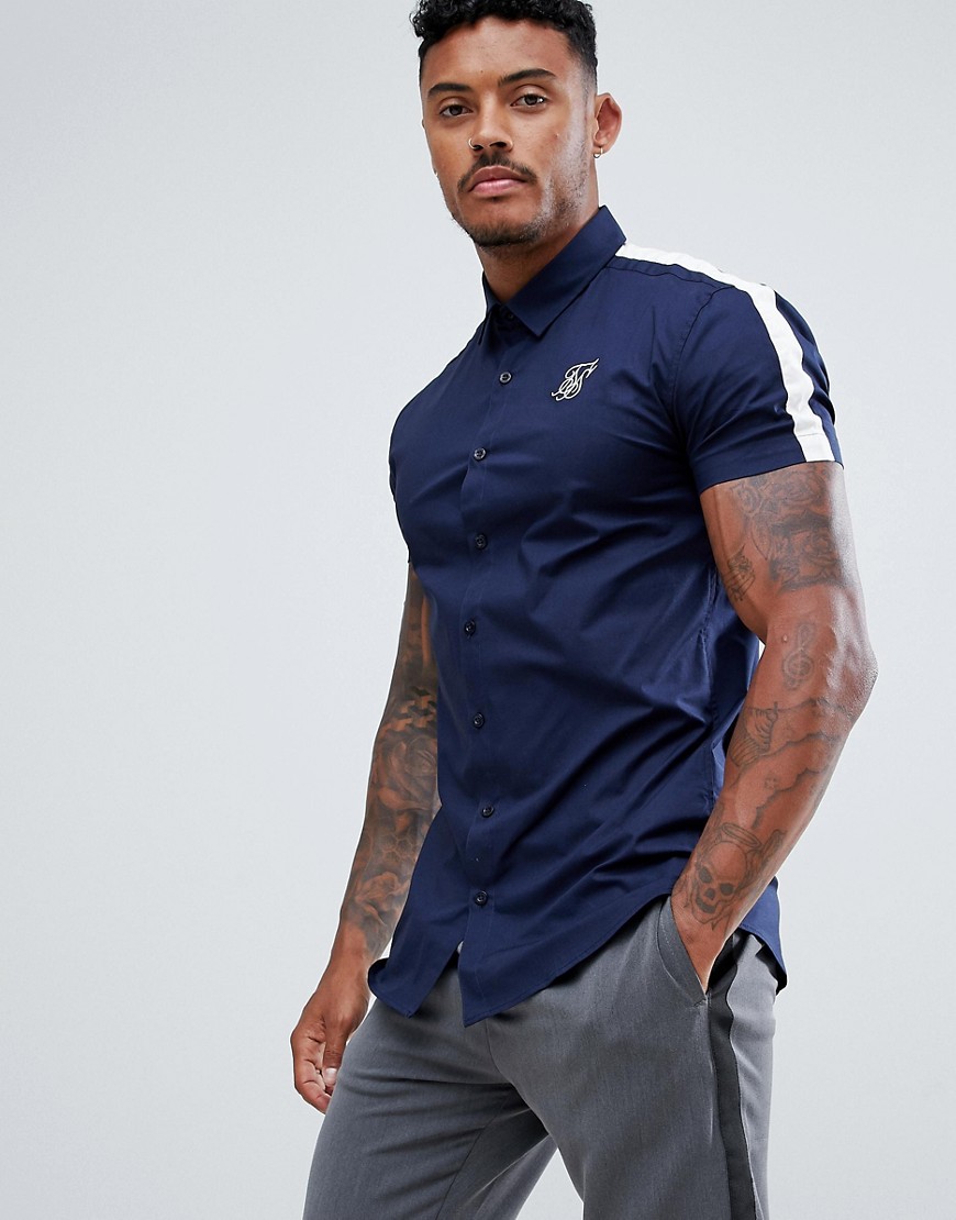 SikSilk short sleeve shirt in navy with white side stripe
