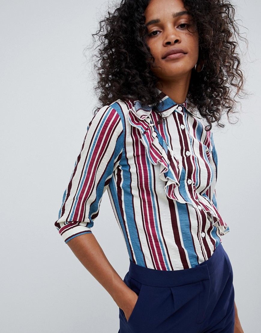 Unique 21 stripe 3/4 sleeve shirt with frill