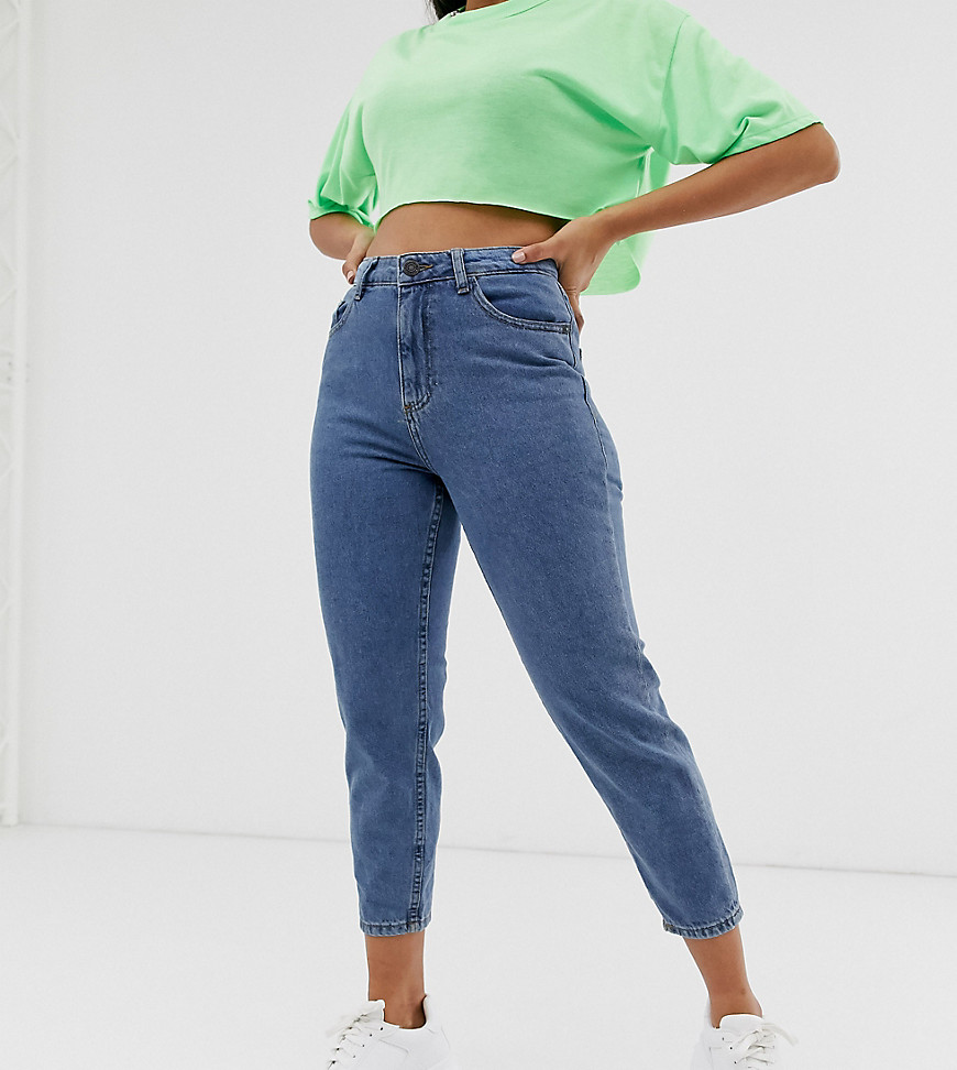Noisy May Petite contrast stitch Mom jeans in mid wash blue