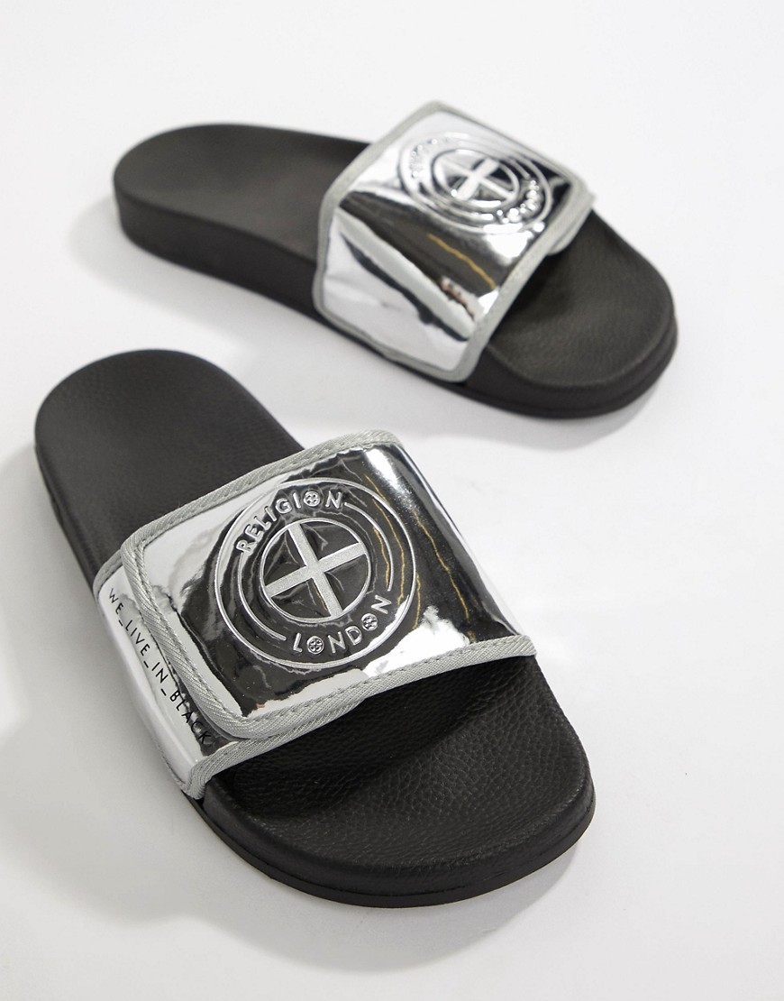 Slydes x Religion sliders with logo in silver
