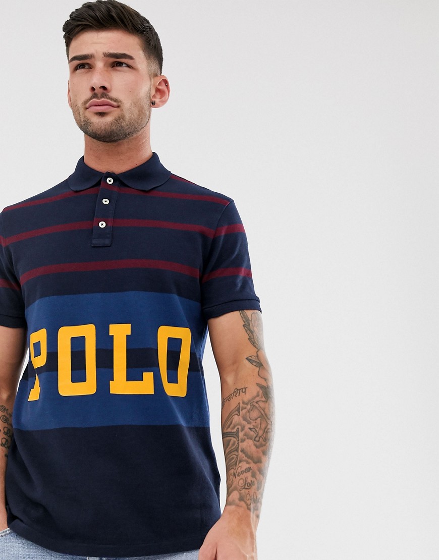 Polo Ralph Lauren large logo varied stripe pique polo custom regular fit in navy multi