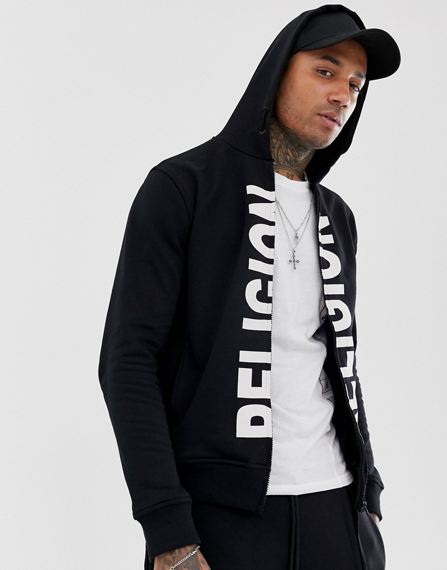 Religion zip hoodie with logo print in black