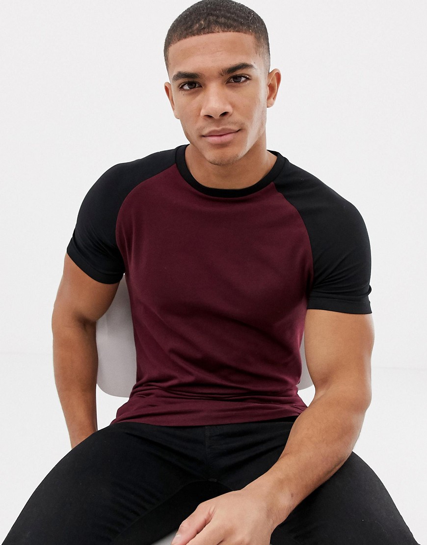 ASOS DESIGN muscle fit raglan t-shirt with crew neck in burgundy