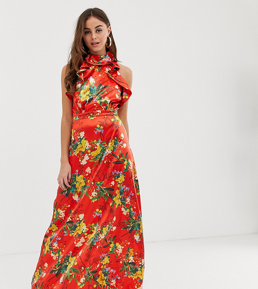PrettyLittleThing maxi dress with frill detail in red floral satin