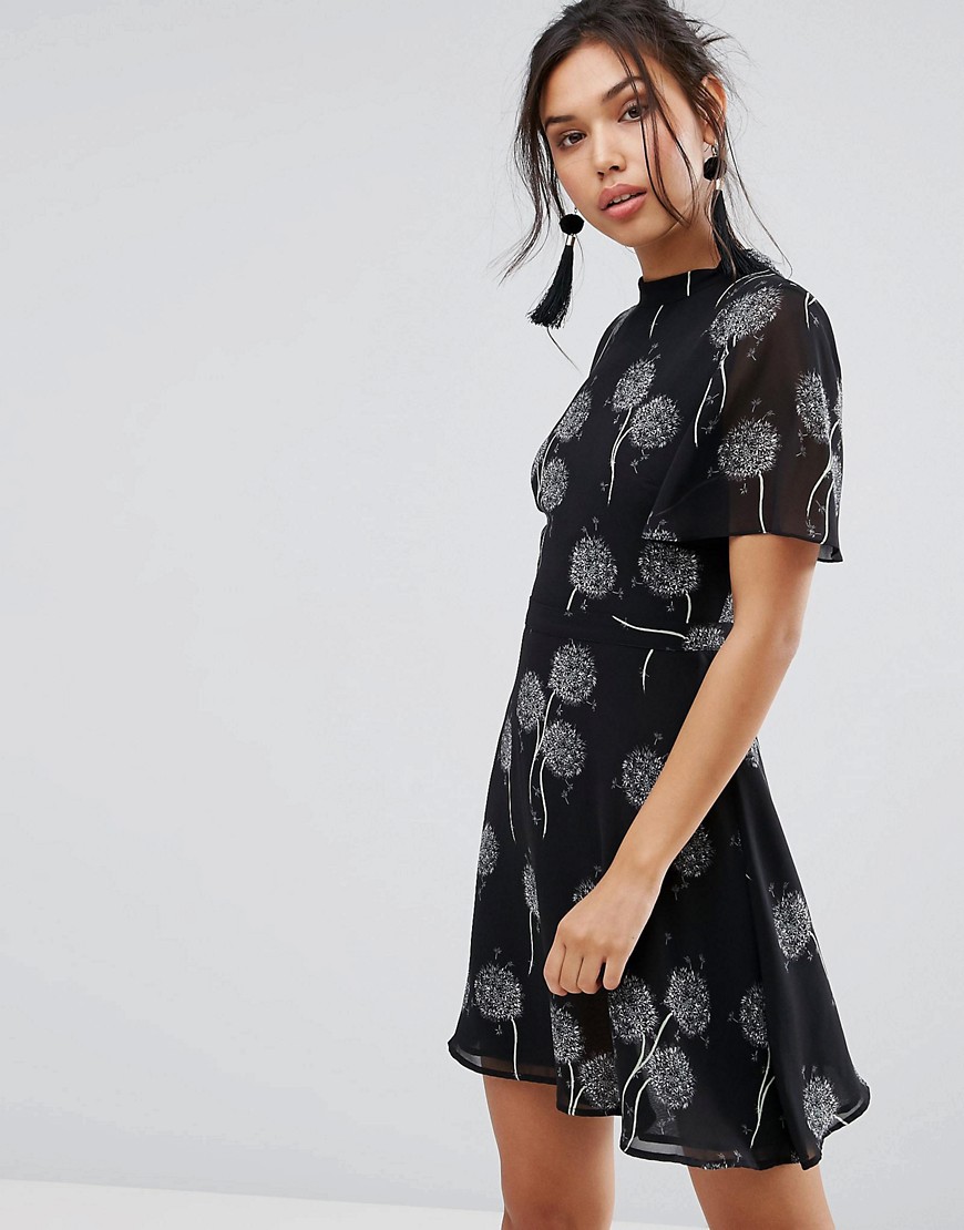 Warehouse Dandelion Print Mini Skater Dress - Black pattern