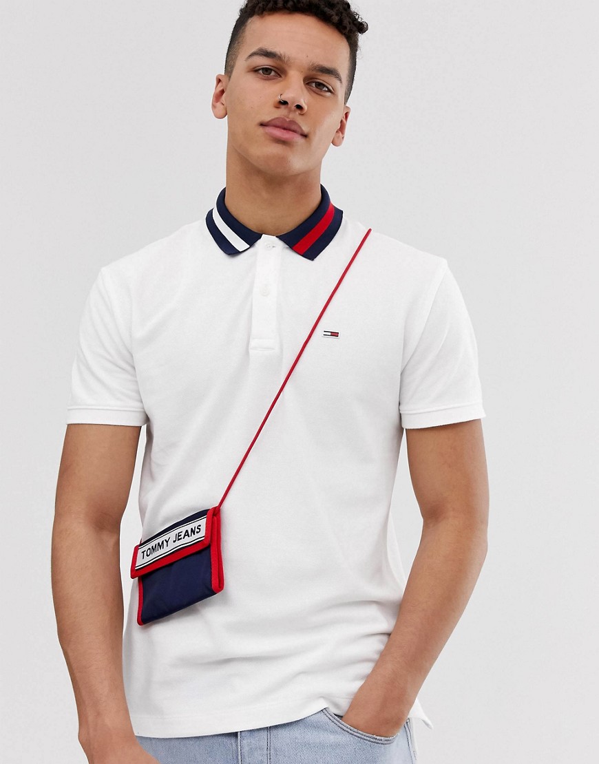 Tommy Jeans flag logo pique polo with icon flag collar in white