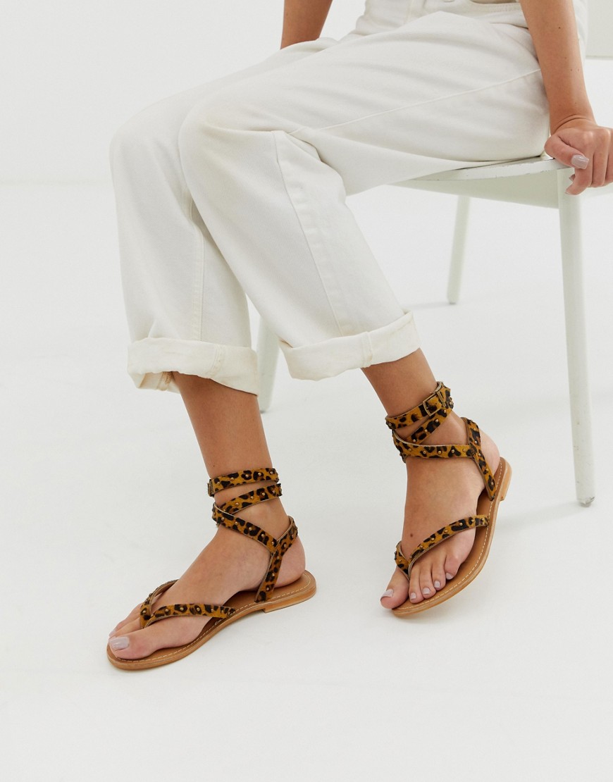 ASOS DESIGN Fix It leather flat sandals in leopard print