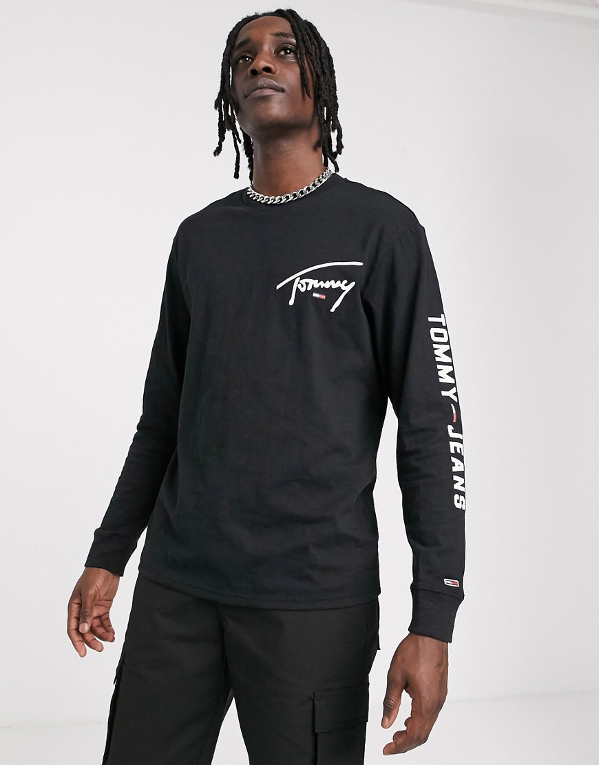 Tommy Jeans long sleeve top in black with signature logo and sleeve detail