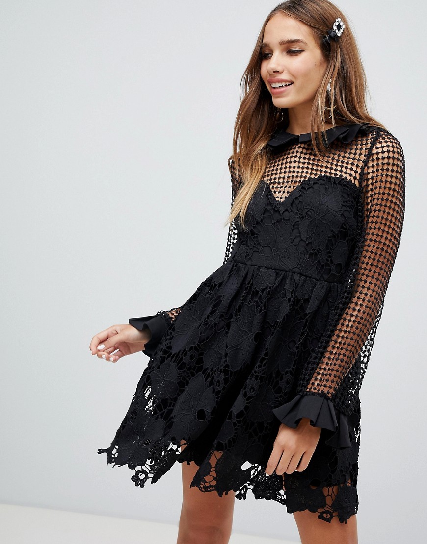 Dolly & Delicious lace sleeve mini prom dress with collar in black
